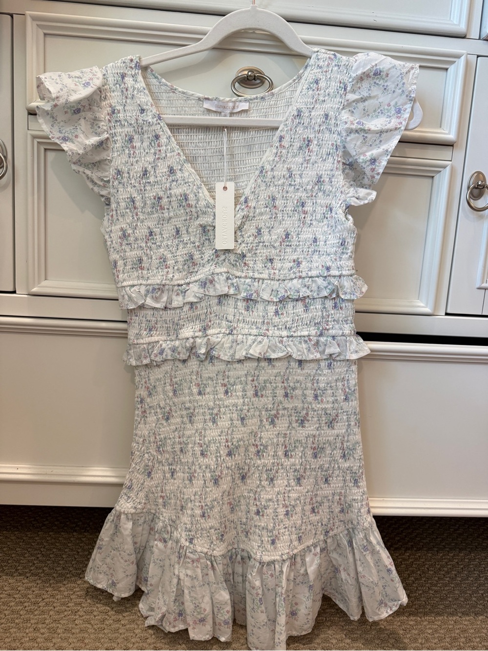 Olivaceous Smocked Ruffle Floral V-Neck Mini Dress